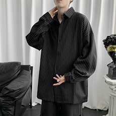 条纹衬衫外套男港风日系休闲宽松衣服潮流黑色男士衬衣W1161-P35，男装衬衫，星座512-2