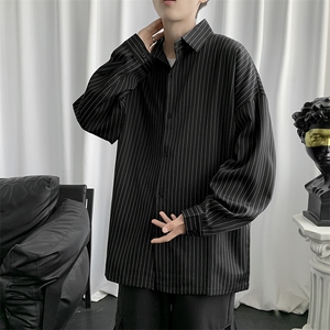 条纹衬衫外套男港风日系休闲宽松衣服潮流黑色男士衬衣 W1161-P35图片
