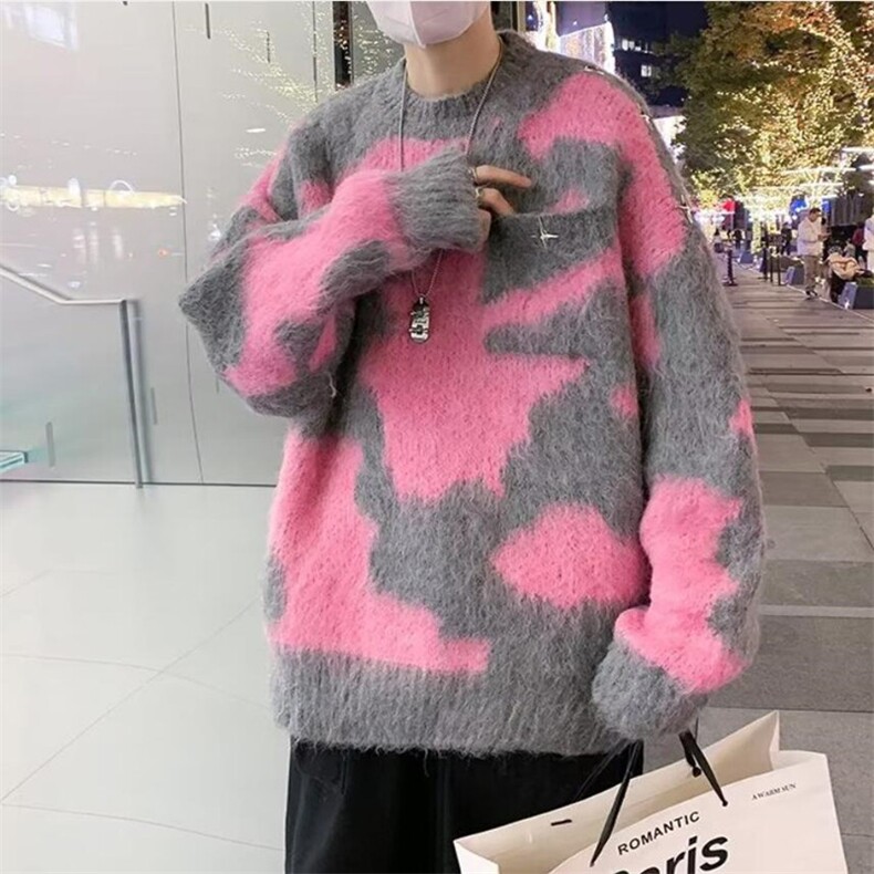 日系撞色扎染水貂绒毛衣男女秋冬季外穿古软糯针织毛线衣~M2990,男装针织衫/毛衣,星座601-2