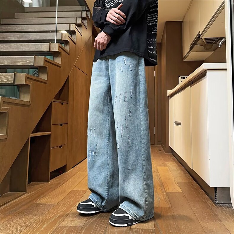 美式复古做旧破坏牛仔裤男女cleanfit宽松直筒百搭垂感微喇裤,男装牛仔裤,星座1013-1