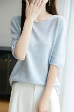 亚麻圆领女正肩短袖针织衫2025夏宽松显瘦休闲一线成衣半袖薄上衣，女装T恤，东远绒业