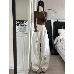 白色刺绣阔腿喇叭牛仔裤女士2025秋季新款宽松弹力不贴腿拖地裤子图片