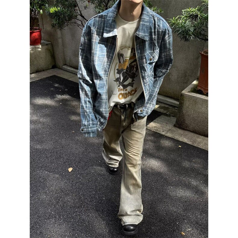 DK362-P55美式拉链格子长袖衬衫男女宽松百搭情侣衬衣-网图现货,男装衬衫,星座603-2