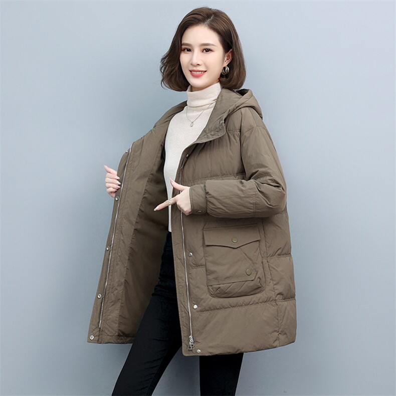 时尚保暖女士连帽羽绒服修身显瘦长款外套,女装羽绒服,文熹诺