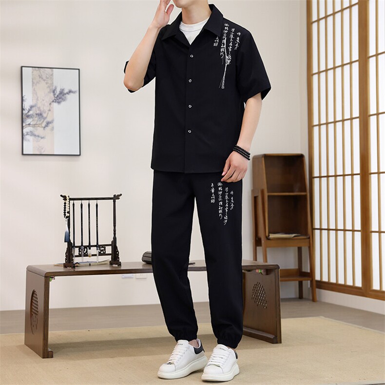 TZ07-P65 新中式风夏季男士新款短袖套装潮衬衫长裤两件套图片