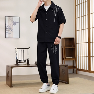 TZ07-P65 新中式风夏季男士新款短袖套装潮衬衫长裤两件套图片