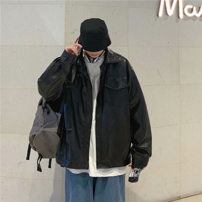 皮衣男韩版潮流2024机车痞子帅气春秋新款上衣宽松外套W6051-P63,男装皮衣,星座412-3
