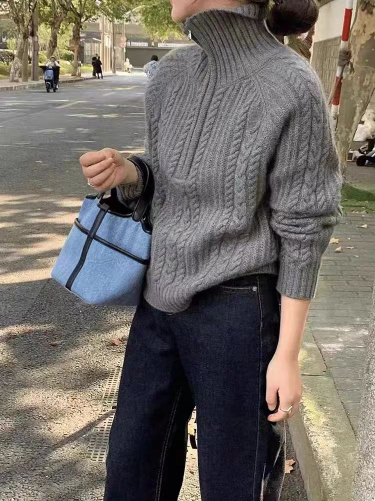 2025年秋季新款百搭女士高翻领麻花针织衫,针织衫/毛衣,硕彦羊绒