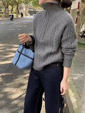2025年秋季新款百搭女士高翻领麻花针织衫，女装针织衫/毛衣，硕彦羊绒