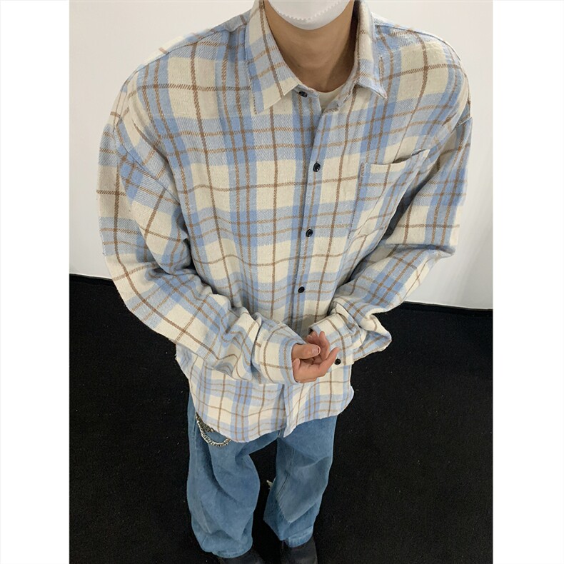 现货~磨毛格子大码长袖衬衫C5895/特P25浅蓝色,男装衬衫,电商A094
