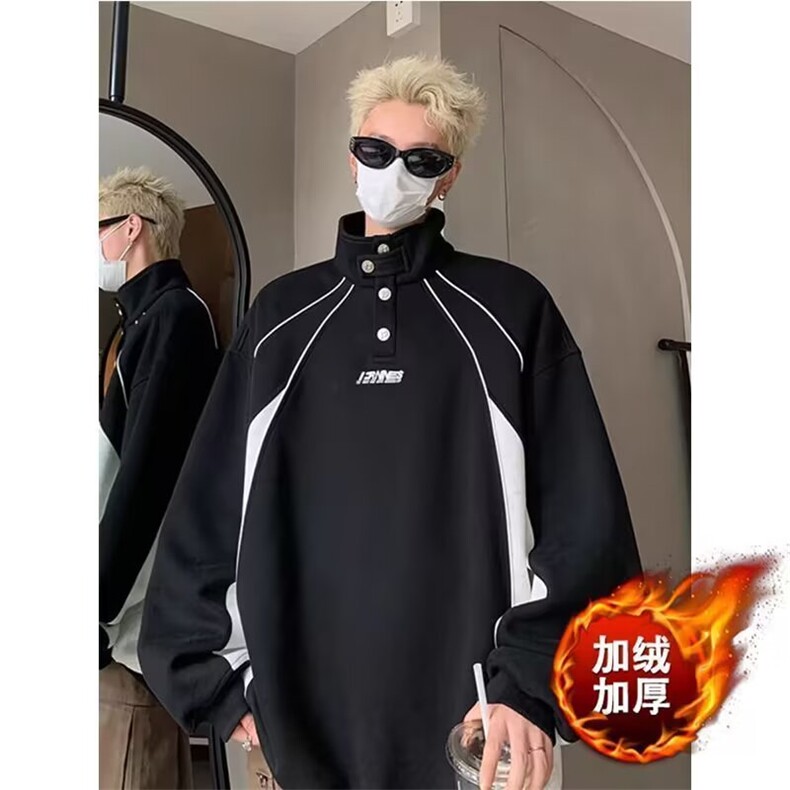 JRY30-加绒P602025美式复古运动撞色加绒卫衣男女休闲日系百搭,男装卫衣,电商B323A