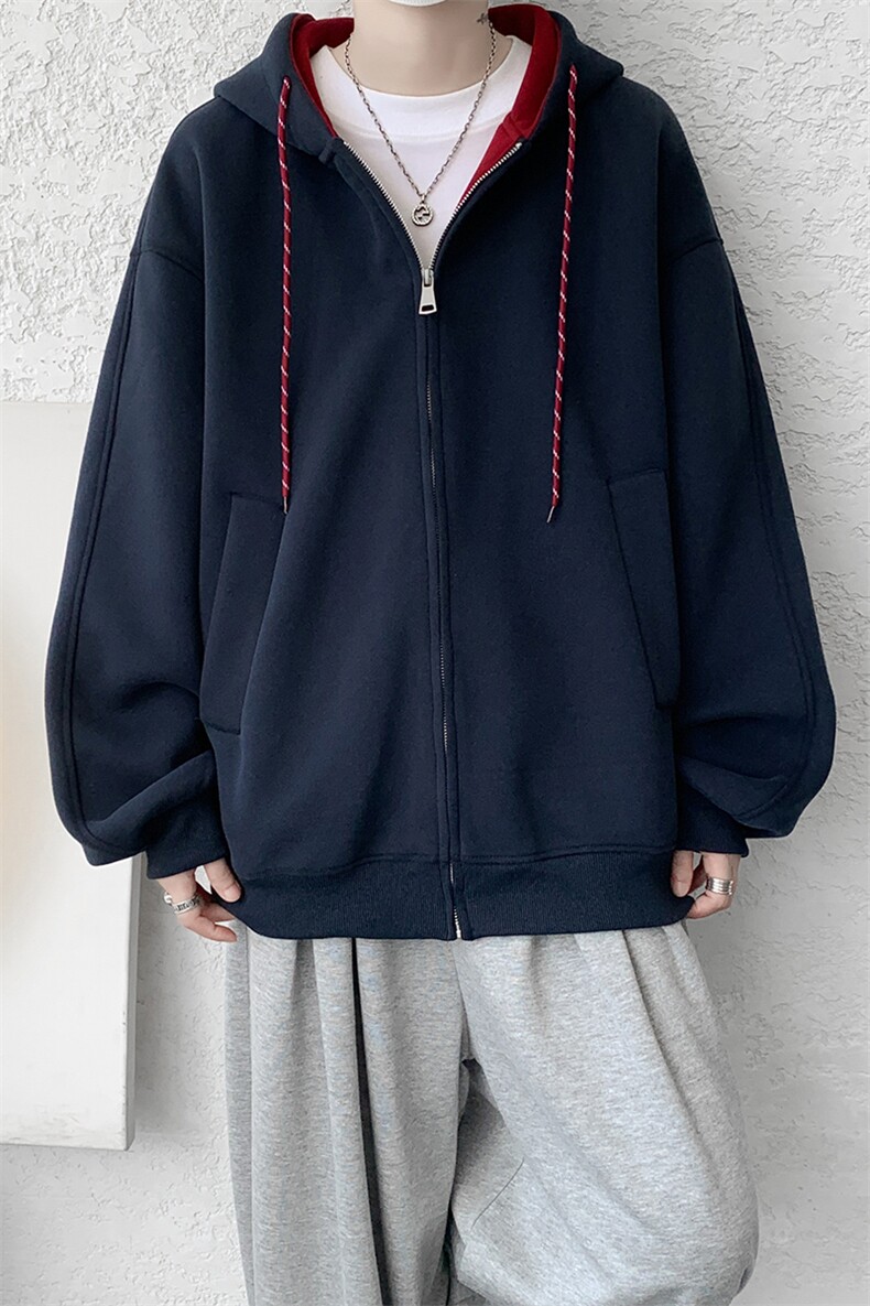 8XL-M秋连帽卫衣男宽松休闲纯色拉链开衫外套拼色帽衫运动WY27P65,女装短外套,电商D206-1