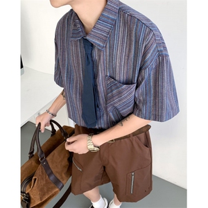 麒麟先生夏季条纹五分袖衬衫男休闲宽松领带短袖衬衣潮