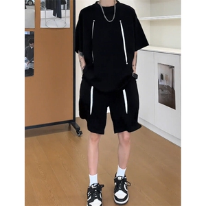 两件套 设计感结构铆钉肩短袖T恤套装男宽松穿搭25XZ80066特批55图片