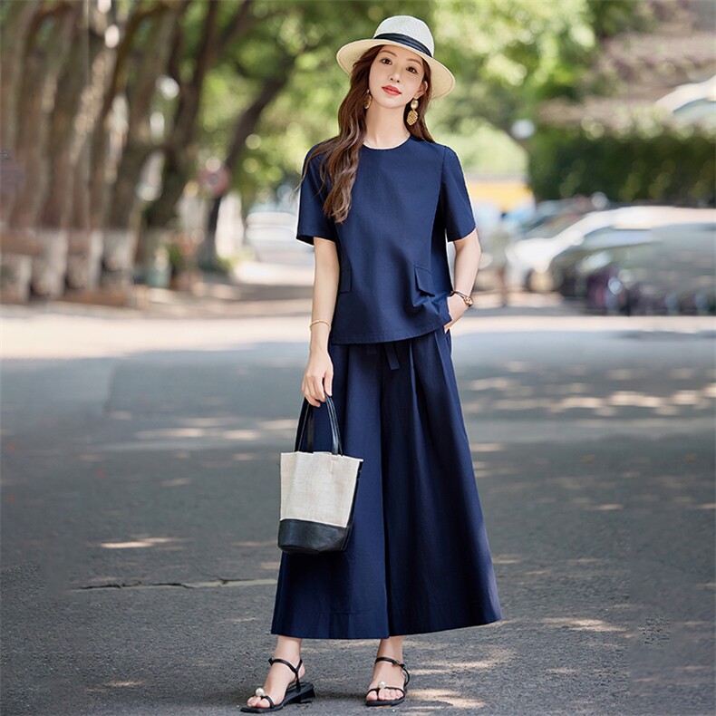 高级感时尚休闲套装女2025夏季新款宽松显瘦短袖上衣阔腿裤两件套,女装套装/套裙,水衣源