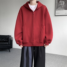 8XL-M休闲复古潮美式重磅连帽宽松安克拉红色卫衣外套WY34P8，女装短外套，电商D206-1