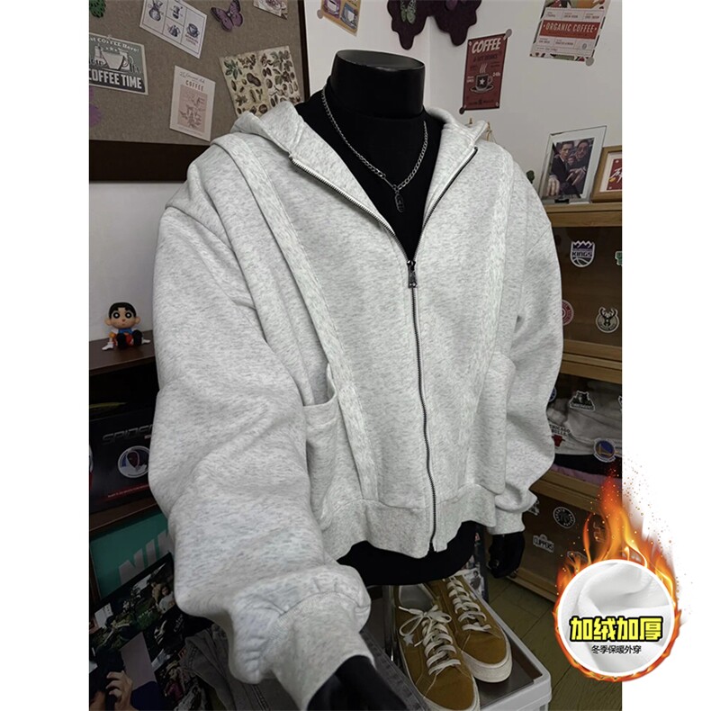 480G重磅加绒硬挺boxy男女秋冬美式高街结构辑明线卫衣开衫厚外套，女装短外套，电商A486