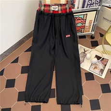 港风秋款男休闲裤假两件格子拼接贴标宽松抽绳长裤HK126P45，男装休闲裤，星座1013-1