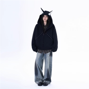 秋冬季帽衫女灰色上衣开衫慵懒宽松廓形连帽卫衣女外套 网图WYT06图片