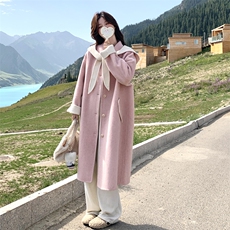 【现货】粉色兔耳朵长款双面呢羊绒外套2C056-7075-P295控448，女装羊绒大衣，2C056