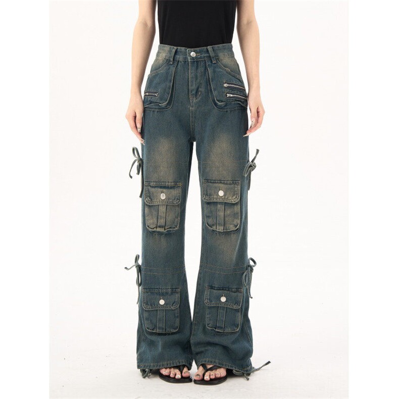 2118-P80美式复古工装牛仔裤女小众高腰显瘦阔腿直筒裤，女装牛仔裤，电商A306A