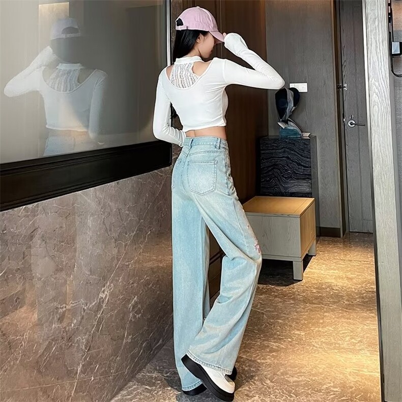 梅花三弄风复古刺绣牛仔裤女春季高腰加长垂感阔腿宽松直筒裤子,男装牛仔裤,星座506A