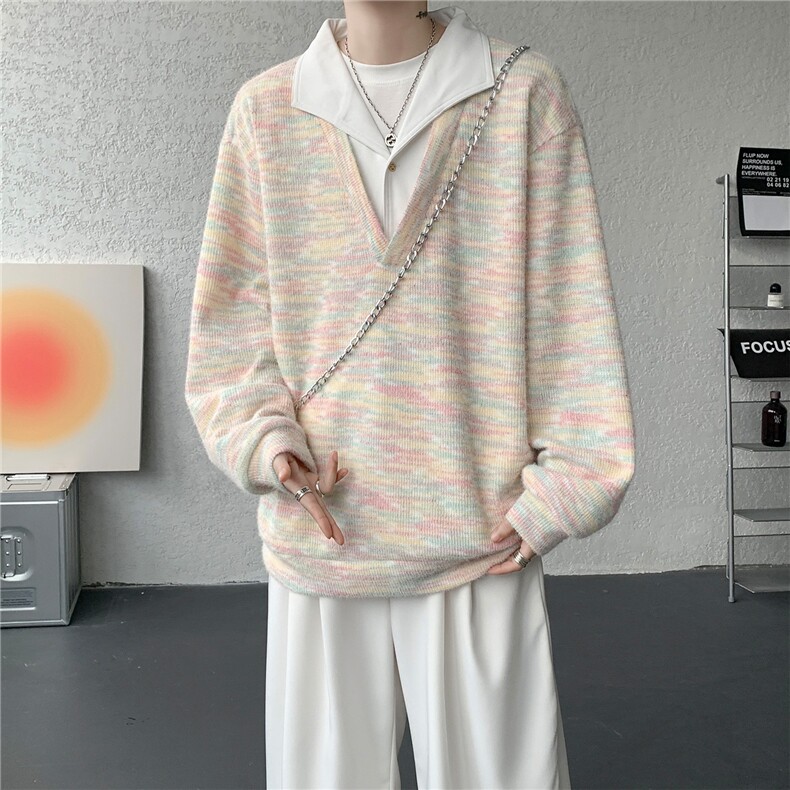 美式男士卫衣慵懒风彩点假两件翻领毛衣外衣宽松休闲针织衫，男装针织衫/毛衣，电商B319