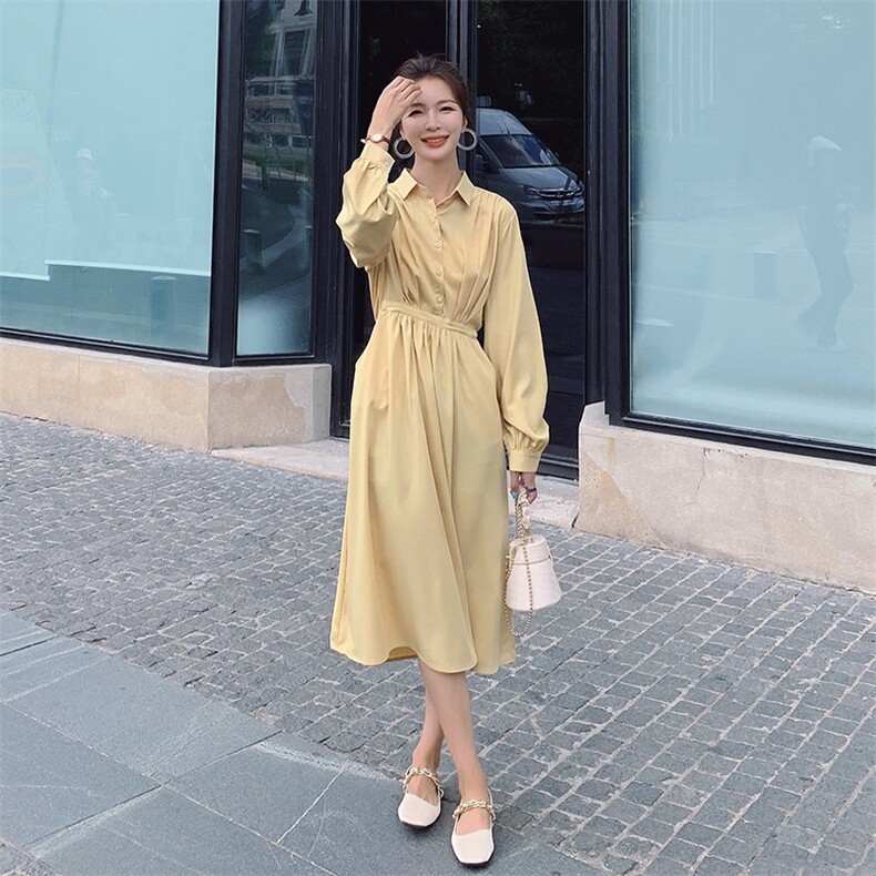 黄色法式长袖衬衫连衣裙女春秋2025新款秋装气质别致收腰长裙子冬图片