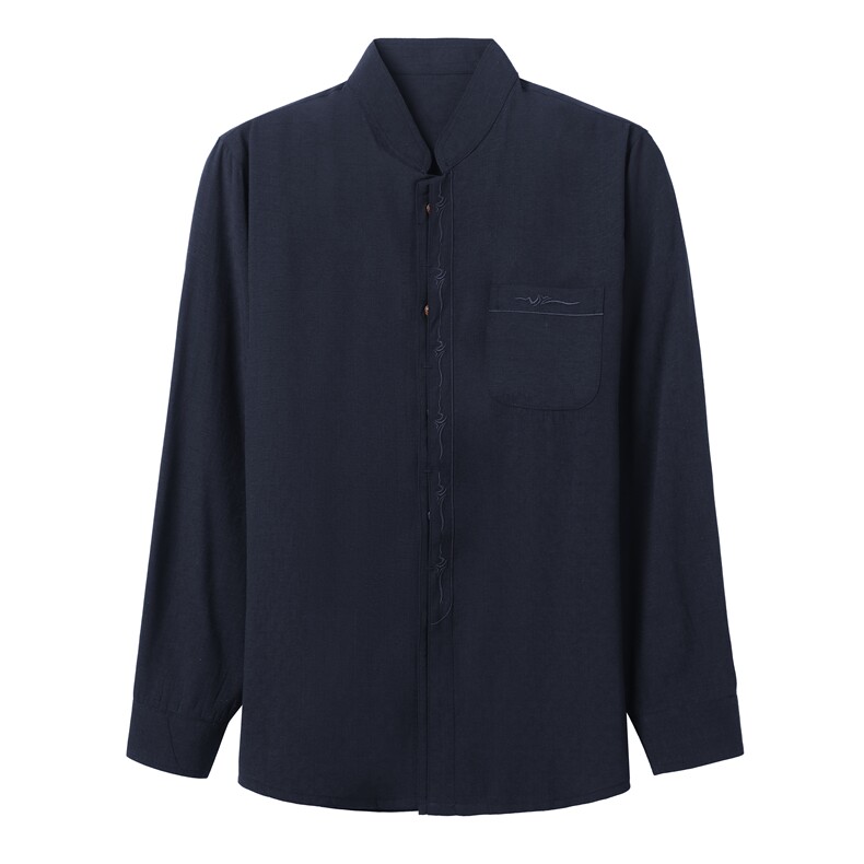 春季唐装中老年亚麻衬衫爸爸装礼服喜公公立领棉麻衬衣MJ22882-75,男装衬衫,星座1105-3