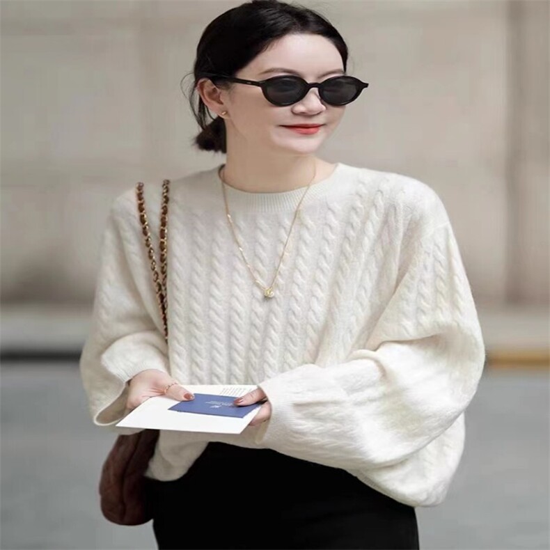 宽松显瘦麻花针织衫2024早秋新款女装韩版内搭打底衫,女装羊毛衫,旭驰羊绒