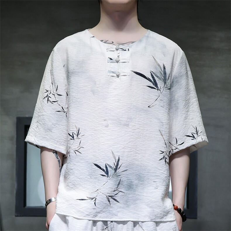 2025夏季新款男装禅服风冰丝印花盘扣唐装短袖T恤C117-P50,男装T恤,电商B277(原6028)