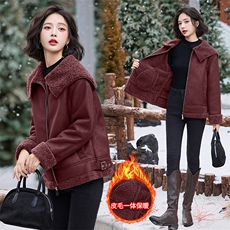 2024冬新款海军大翻领短羊羔毛皮毛一体加绒加厚外套韩系，女装羊羔毛/颗粒绒，美拉德工厂直营店