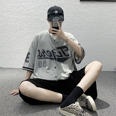 开衫印花短袖T恤男女夏季ins港风复古棒球服衬衣宽松五分半袖体恤，男装T恤，四季星座505