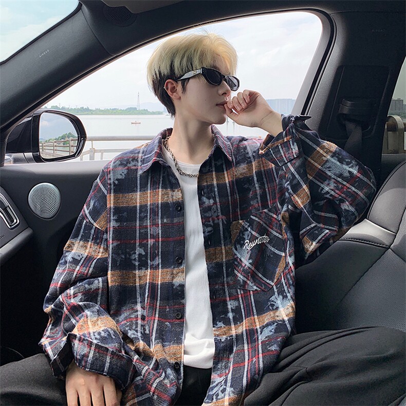 衬衫男春季新款港风宽松大码格子扎染刺绣长袖衬衣CS3016-P38，男装衬衫，星座214-3