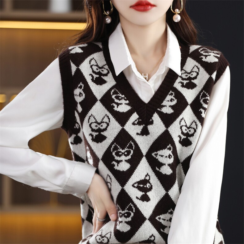 时尚气质V领无袖毛衣女针织背心韩版宽松显瘦百搭上衣,女装马甲,琳华羊绒