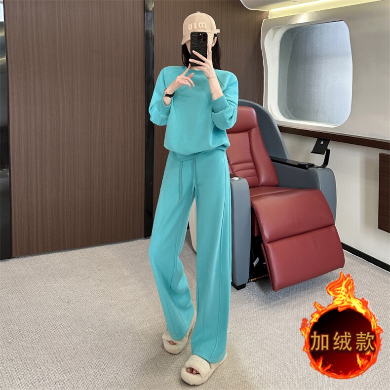 女秋冬显瘦加绒圆领卫衣阔腿裤两件套,女装套装/套裙,江南