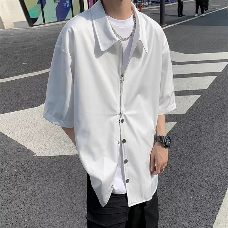 美式双拉链衬衫设计感高级男女情侣装短袖潮日系翻领半袖~S8003,男装衬衫,星座601-2