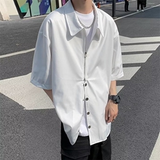 美式双拉链衬衫设计感高级男女情侣装短袖潮日系翻领半袖~S8003，男装衬衫，星座601-2