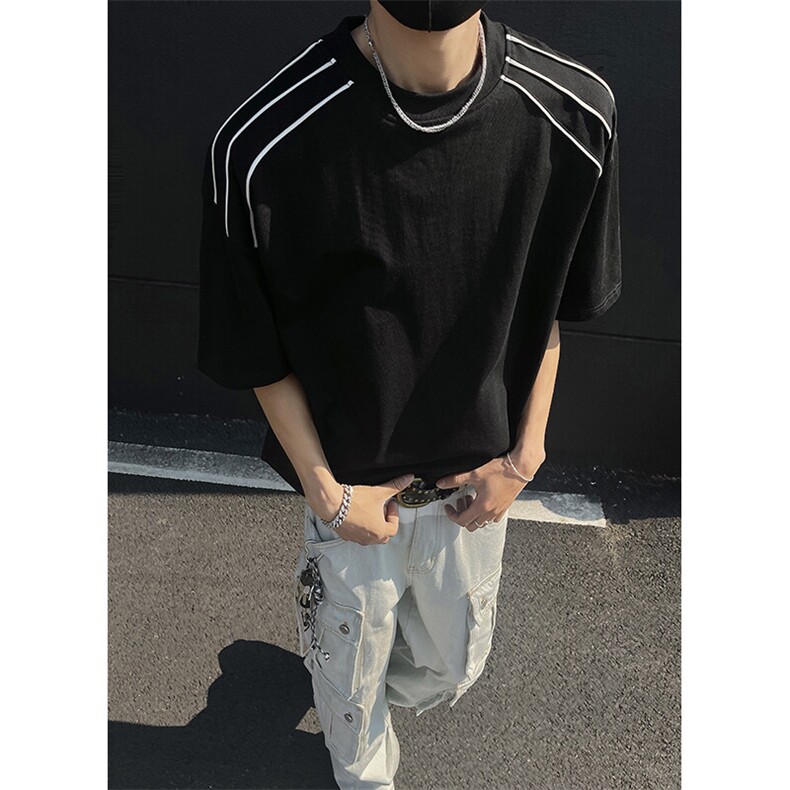 高品质二开240克宽松纯棉美式高街痞帅三杠拉条短袖T恤特P25,男装T恤,电商A486-1