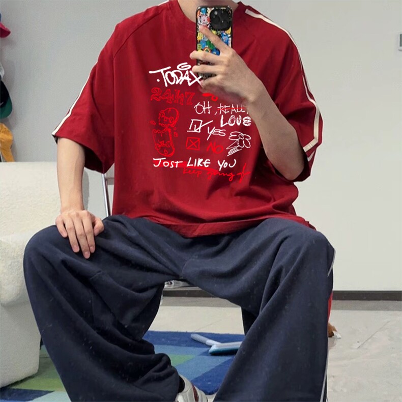 抖音得物高品质二开240克宽松纯棉美式潮牌三条杠织带短袖T恤,男装T恤,电商A486-1