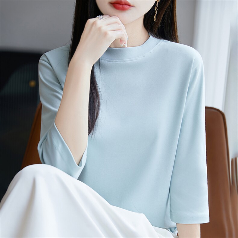 时尚半高领七分袖纯棉T恤女夏季新款修身显瘦百搭上衣,女装T恤,羊秋羊绒