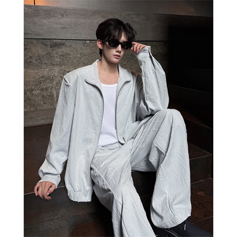 男士韩系设计款牛仔套装割洞提花重工水洗自带垫肩外套牛仔裤套装，男装休闲套装，电商B319