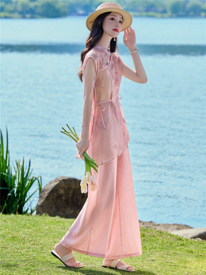 时尚洋气刺绣棉麻套装女2026夏季新款宽松遮肉衬衫领阔腿裤两件套,女装套装/套裙,众宇琦
