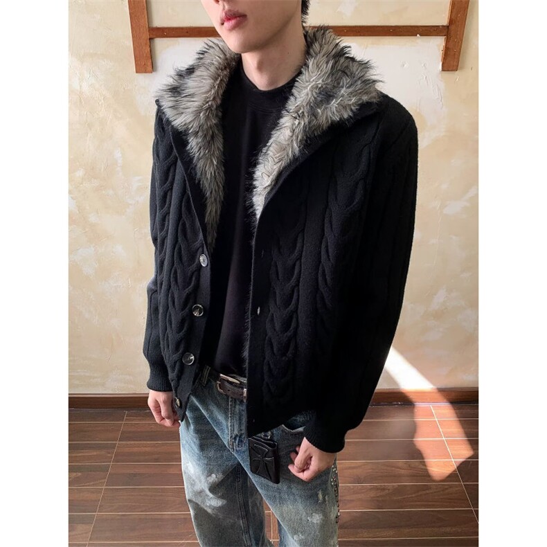 设计感毛领针织衫男座山雕冬季加厚保暖毛衣外套MY0478-P115图片