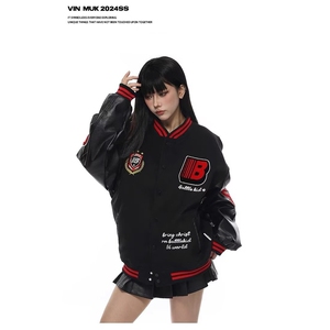 刺绣棒球服外套女潮秋冬夹棉加厚百搭宽松情侣拼接夹克HHA02 P73图片