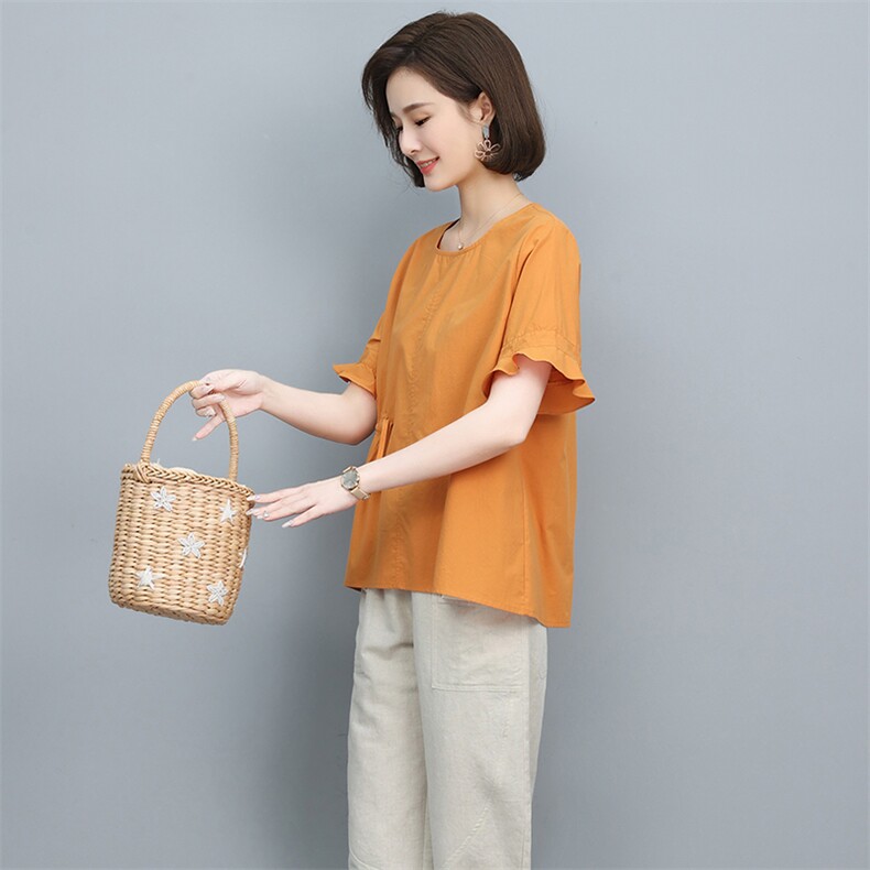 2023夏季纯棉简约气质圆领宽松时尚休闲显瘦舒适上衣，女装衬衫，独衣靓