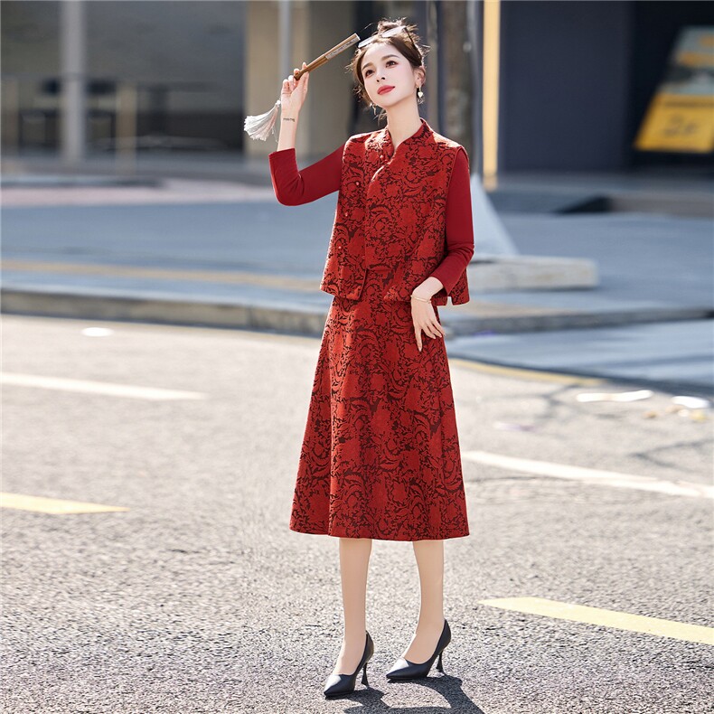 2026年春季新款女装时尚气质新中式提花三件套婚礼红色晚宴会礼服,女装套装/套裙,关键词
