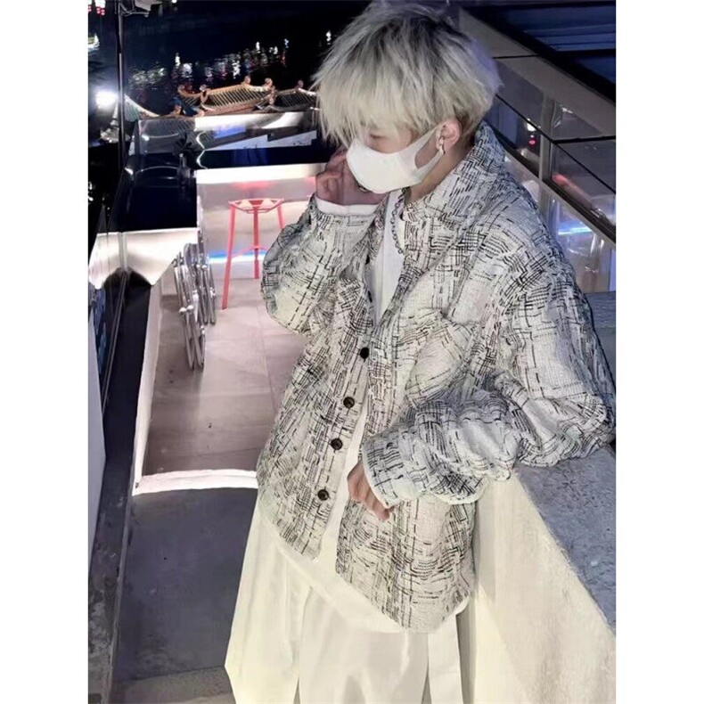 潮嘻哈小香风格子翻领外套男女秋季休闲百搭高级感粗纺夹克上衣,男装夹克,星座506A