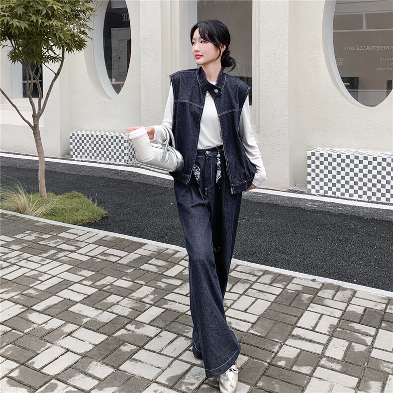秋季牛仔阔腿裤马甲时尚两件套女,女装套装/套裙,浙宝069
