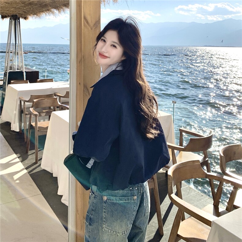 蓝色撞色衬衫领短款夹克外套女2026春秋新款韩系时髦减龄夹克显白,女装短外套,艾米莉亚